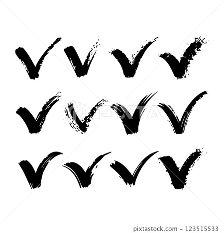 A collection of distressed check marks with uneven brush textures. Ideal for bold, artistic compositions, digital projects, and creative branding. A collection of distressed check marks with uneven brush textures. Ideal for bold, artistic compositions, digital projects, and creative branding. 123515533