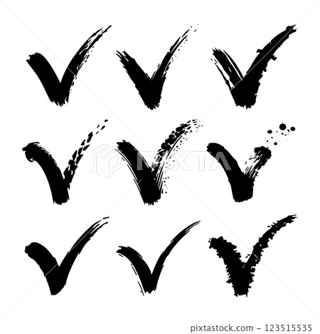 A collection of distressed check marks with uneven brush textures. Ideal for bold, artistic compositions, digital projects, and creative branding. 123515535