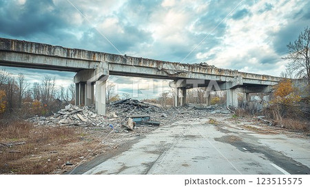 Collapsed bridge and desolate landscape 123515575