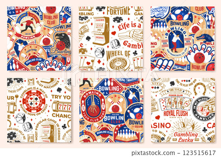 Gambling, casino and bowling sports club seamless pattern. Background, wallpaper, seamless pattern with bowling pins, crocodile, eagle, ball, wheel of fortune, two dice and skeleton hand holding 123515617