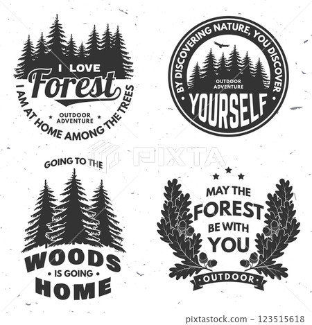 Outdoor adventure logo, badge design. Concept for shirt or logo, print, stamp or tee with forest, oak leaf and acorns. Forest outdoor adventure. Vector illustration. 123515618