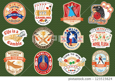 Gambling, ballroom dance and bowling sports club stickers, logos, badges, patch. Stikers with ballroom dancing couple, wheel of fortune, two dice, bowling pins and ball. Vector. 123515624