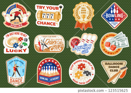 Gambling, ballroom dance and bowling sports club stickers, logos, badges, patch. Stikers with ballroom dancing couple, wheel of fortune, two dice, bowling pins and ball. Vector. 123515625