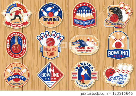 Bowling sports club stickers, logos, badges design. Vintage design with bowling pins, crocodile and ball silhouette. Vector. 123515646