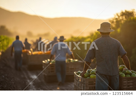 Outdoor agriculture farmers harvesting fresh produce at sunset in orchard photography 123515664