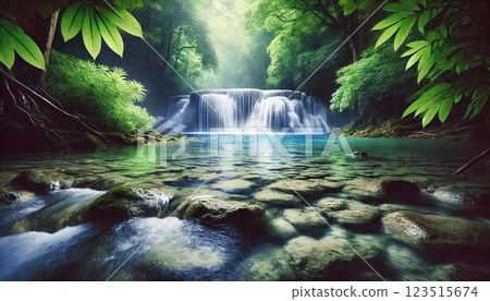 神秘的瀑布和清澈的溪流風景 123515674
