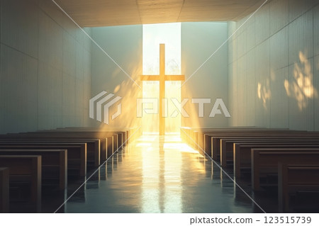 Peaceful chapel interior with divine light through cross serene atmosphere church setting 123515739