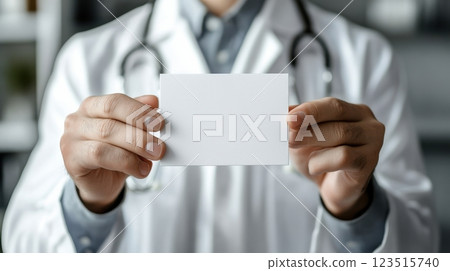 Doctor holding blank prescription medical office healthcare context professional environment close-up view patient care concept 123515740