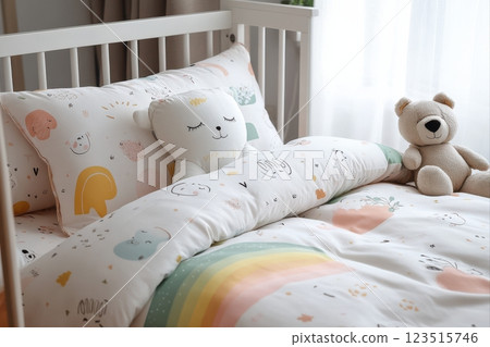 Cozy bedding setup for a child's room home interior decor bright and cheerful close-up comfort and imagination 123515746