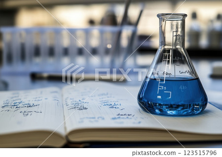 Conducting innovative experiments in a science laboratory with glassware and notes 123515796