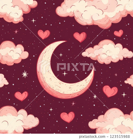 Starry night sky illustration a playful digital art experience with moon and hearts 123515988