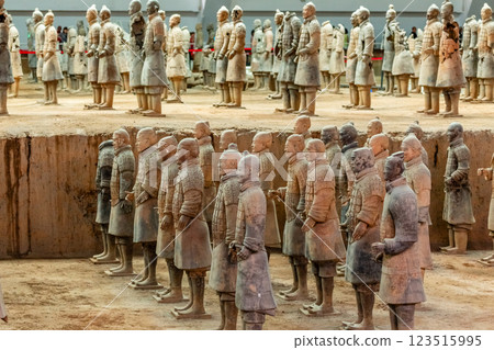 Excavated sculptures statues of the terracota army warriors of Qin Shi Huang emperor, Xian, Shaanxi, China 123515995