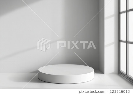 Minimalist display stage in bright studio modern interior photography setup natural light 123516013