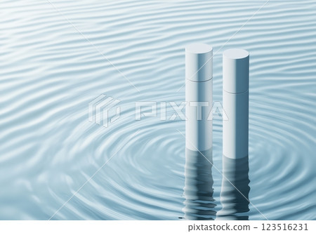 Top view shot of two white skincare tubes mock-up stands on a serene clear blue water. 123516231