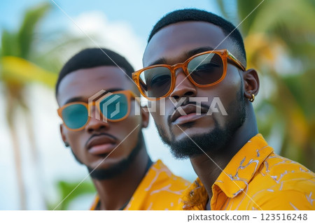 Fashionable friends pose stylishly at the beach 123516248