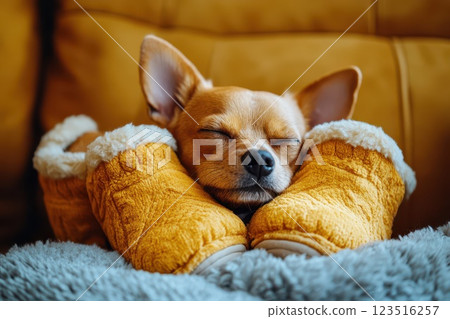Cute dog resting between cozy slippers on a couch 123516257