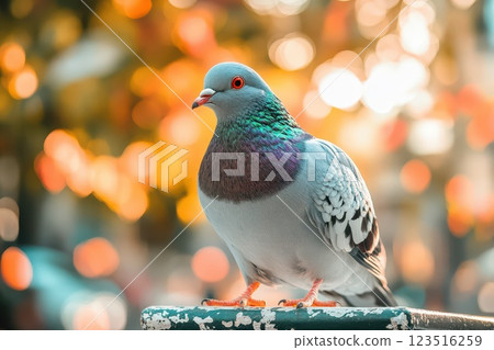 Colorful pigeon perched in a vibrant garden 123516259