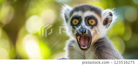 Lemur exhibiting excitement in a lush forest 123516275