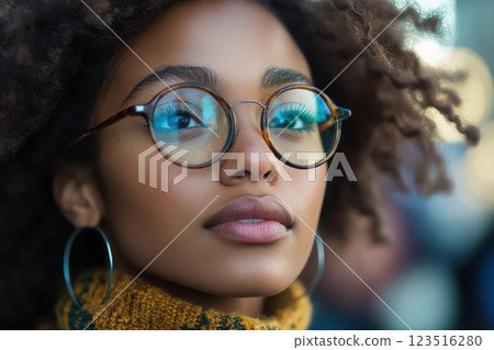 Young woman with glasses and curly hair outdoors 123516280