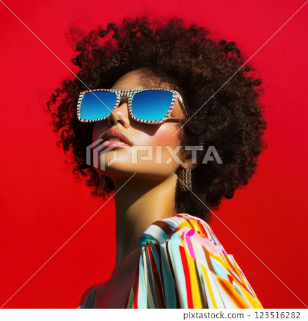 Stylish model in sunglasses on red 123516282