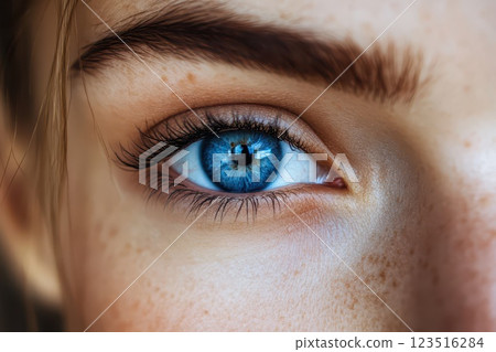 Close up of a striking blue eye with freckles 123516284