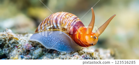 Colorful marine snail exploring a reef habitat 123516285