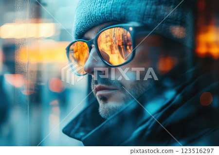Man in shades gazes thoughtfully 123516297
