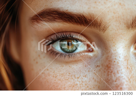 Close up of a persons striking eye with freckles Close up of a persons striking eye with freckles 123516300