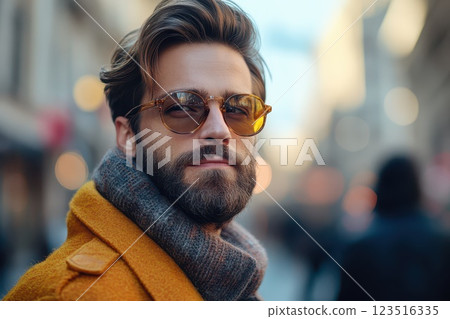 Stylish man in urban setting wearing sunglasses 123516335