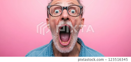 Surprised elderly man on pink backdrop Surprised elderly man on pink backdrop 123516345