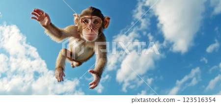 Monkey leaps in the sky during daylight hours 123516354