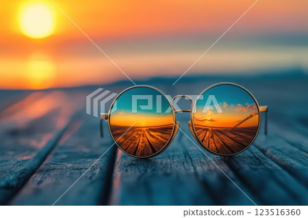 Reflections of sunset through stylish sunglasses 123516360