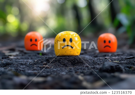 Colorful sad faces standing in a forest area 123516370