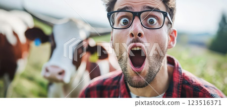Man expresses surprise in a rural farm setting 123516371