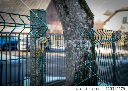 Damaged Metal Fence in a Snowy Urban Setting Damaged Metal Fence in a Snowy Urban Setting 123516379