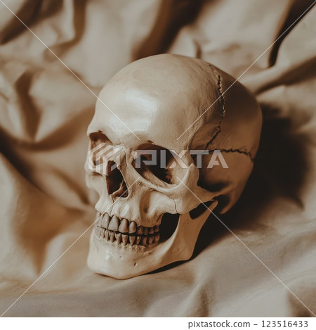Realistic human skull displayed on fabric surface 123516433