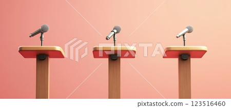 Public speaking platforms with microphones set up 123516460