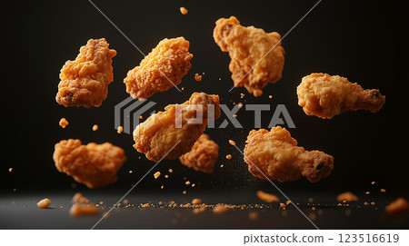 Fried chicken wings with crispy texture, delicious golden food, and appetizing golden snack Fried chicken wings with crispy texture, delicious golden food, and appetizing golden snack 123516619