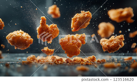 Crispy fried chicken pieces create a delicious and flavorful meal in this appetizing image. Crispy fried chicken pieces create a delicious and flavorful meal in this appetizing image. 123516620