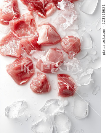Fresh raw meat and ice on white background for culinary and cooking ingredients Fresh raw meat and ice on white background for culinary and cooking ingredients 123516621