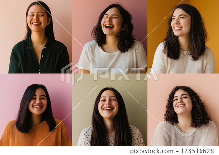 Laughing women group portraits with smiling and happy expressions of diverse young ladies Laughing women group portraits with smiling and happy expressions of diverse young ladies 123516628