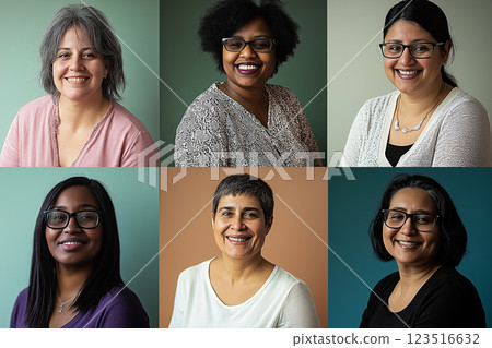 Smiling portrait of diverse women with glasses in a happy, joyful group studio setting Smiling portrait of diverse women with glasses in a happy, joyful group studio setting 123516632