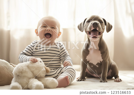 Adorable puppy and baby sharing a happy, joyful moment indoors with laughter and smiles Adorable puppy and baby sharing a happy, joyful moment indoors with laughter and smiles 123516633