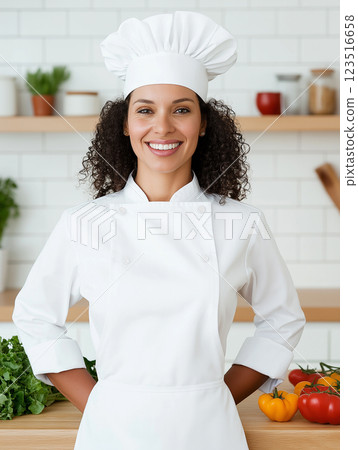 Chef smiling in a kitchen with vegetables, wearing a white uniform and hat, looking professional Chef smiling in a kitchen with vegetables, wearing a white uniform and hat, looking professional 123516658