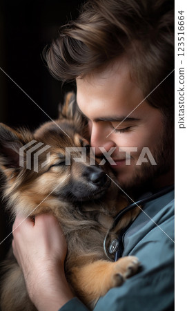 Shepherd Dog as a Pet and Companion Showcasing Friendship and Fur in a Cozy Love Scene 123516664