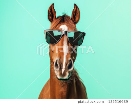 Horse with sunglasses looks cool and funny in this stylish animal portrait on green background 123516689