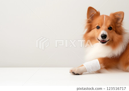 Sheltie dog looking cute and happy on a table with fluffy brown fur and a playful smile 123516717