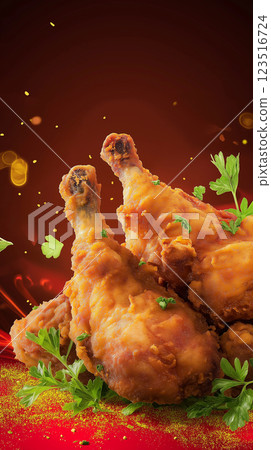 Crispy fried chicken drumstick with herbs, perfect for a tasty dinner or lunch cuisine Crispy fried chicken drumstick with herbs, perfect for a tasty dinner or lunch cuisine 123516724