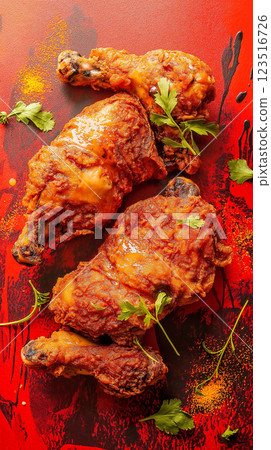 Delicious crispy fried chicken meal with tasty herbs and savory cuisine for lunch or dinner Delicious crispy fried chicken meal with tasty herbs and savory cuisine for lunch or dinner 123516726