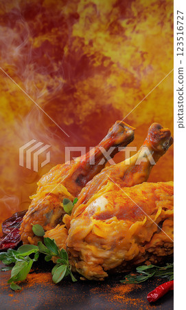 Delicious crispy chicken with spicy herbs and aromatic flavors for a gourmet cooked meal. Delicious crispy chicken with spicy herbs and aromatic flavors for a gourmet cooked meal. 123516727